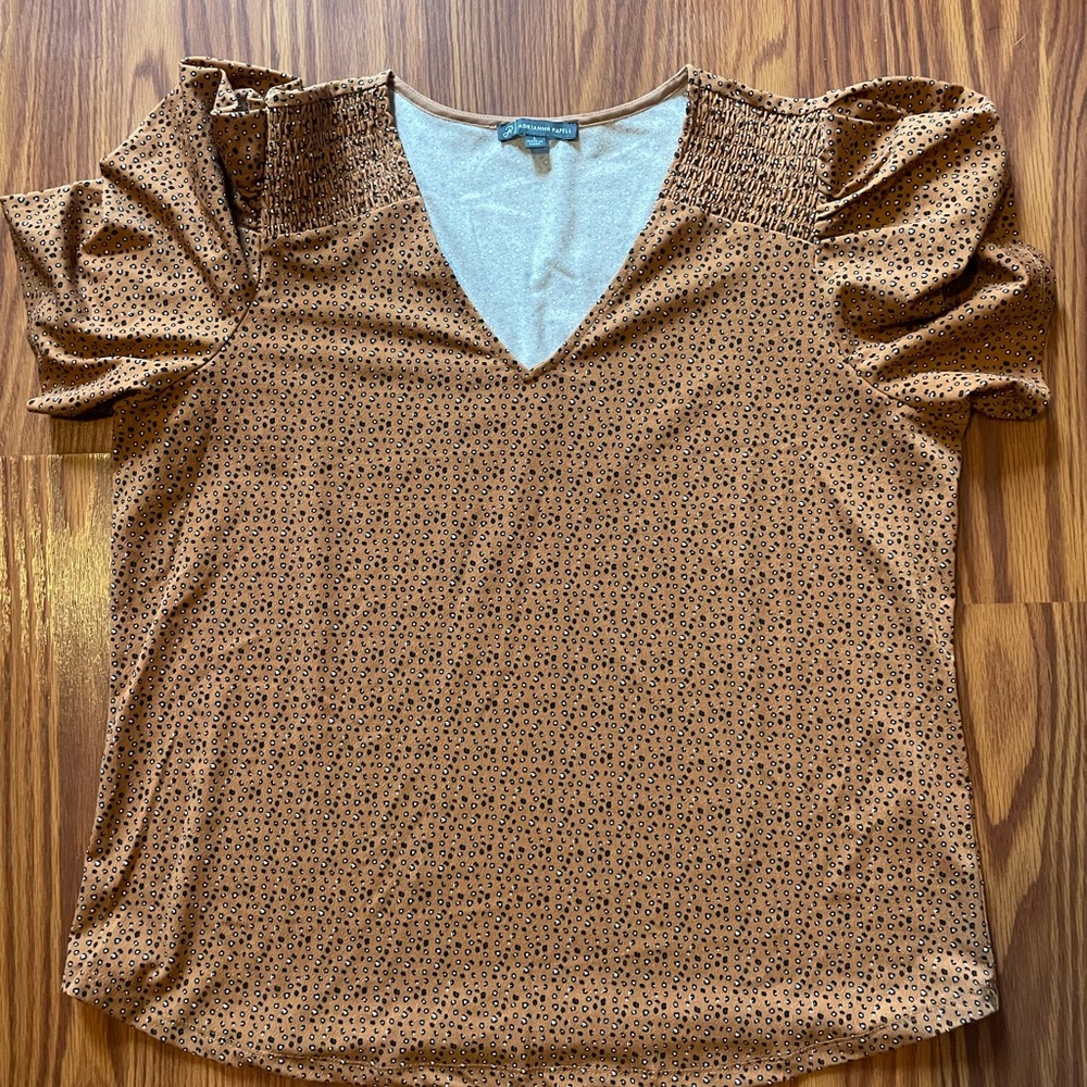 Adrianna Papell Brown Tan Ruffled Short Sleeve Blouse